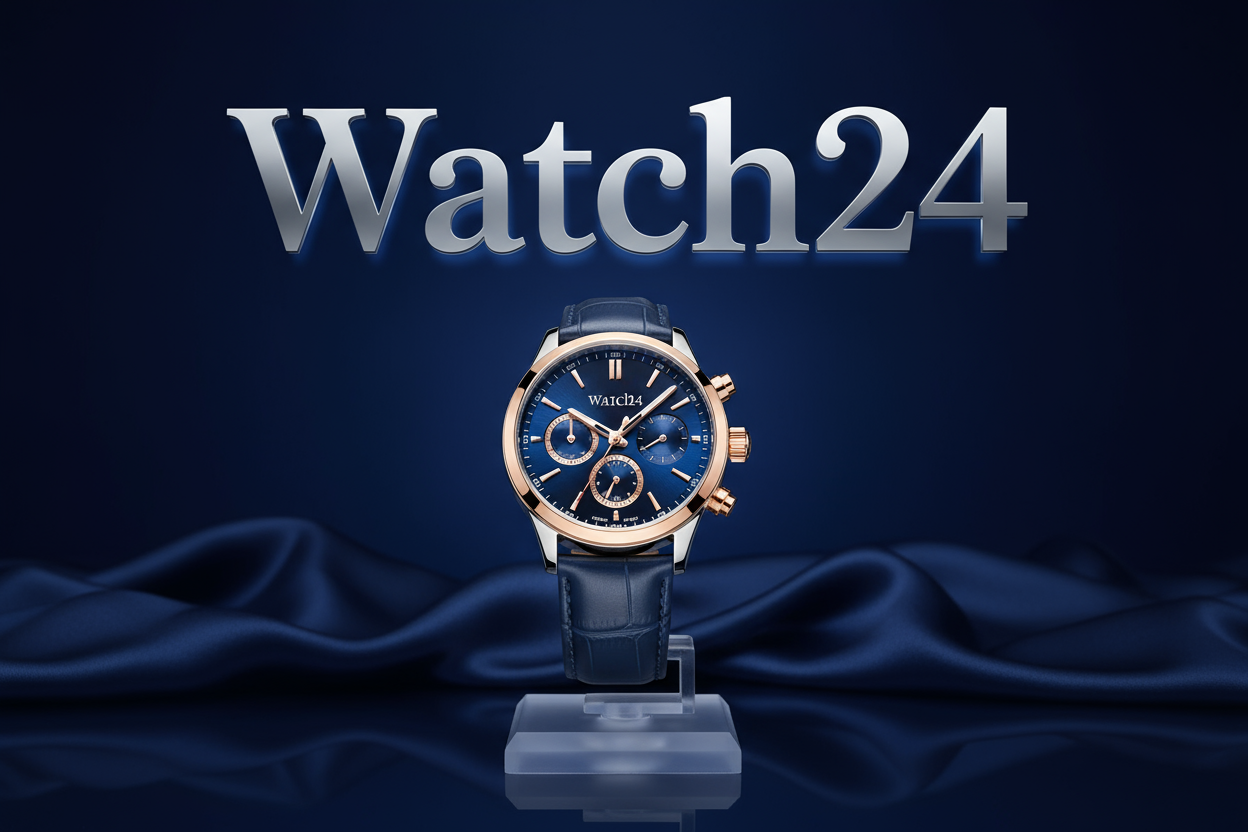 eine Uhr, blauer hintergrund und der Name "Watch24"